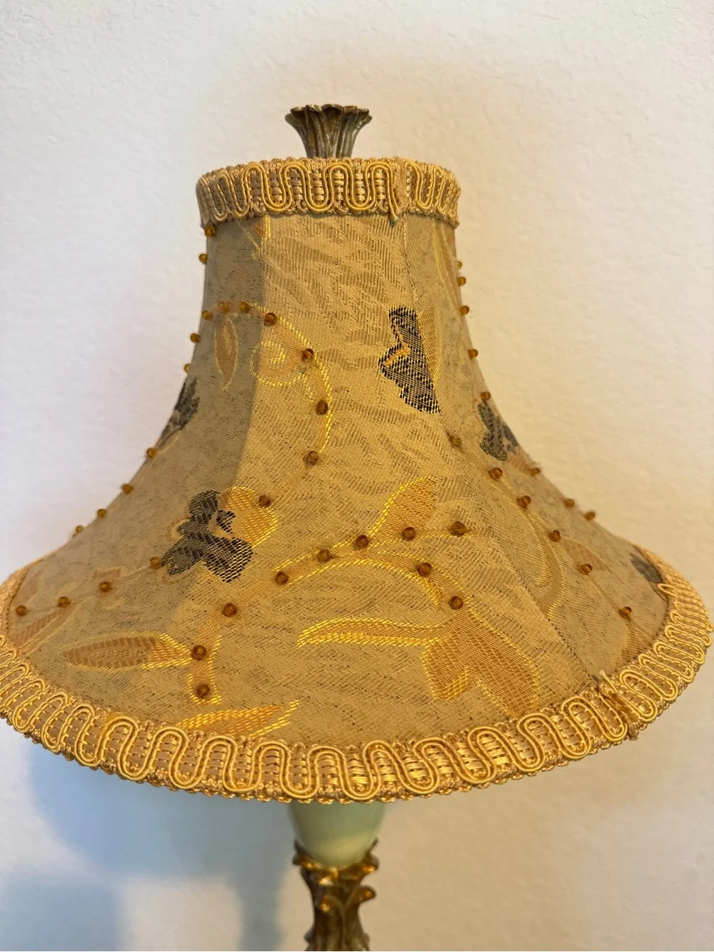 Vintage Bell lamp shade featuring an ornate design golden lace fabric beaded